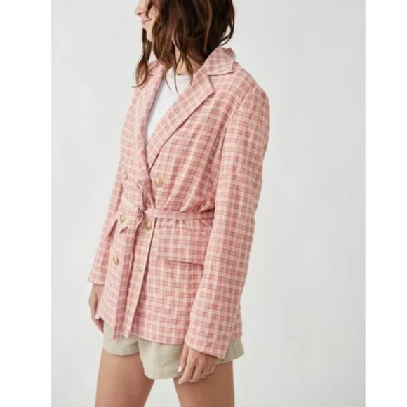 NWT Free People Olivia Gingham Blazer Pink Size Small - Picture 6 of 13